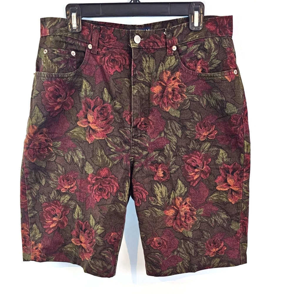 Halston Heritage Floral Jean Shorts - Red and Green